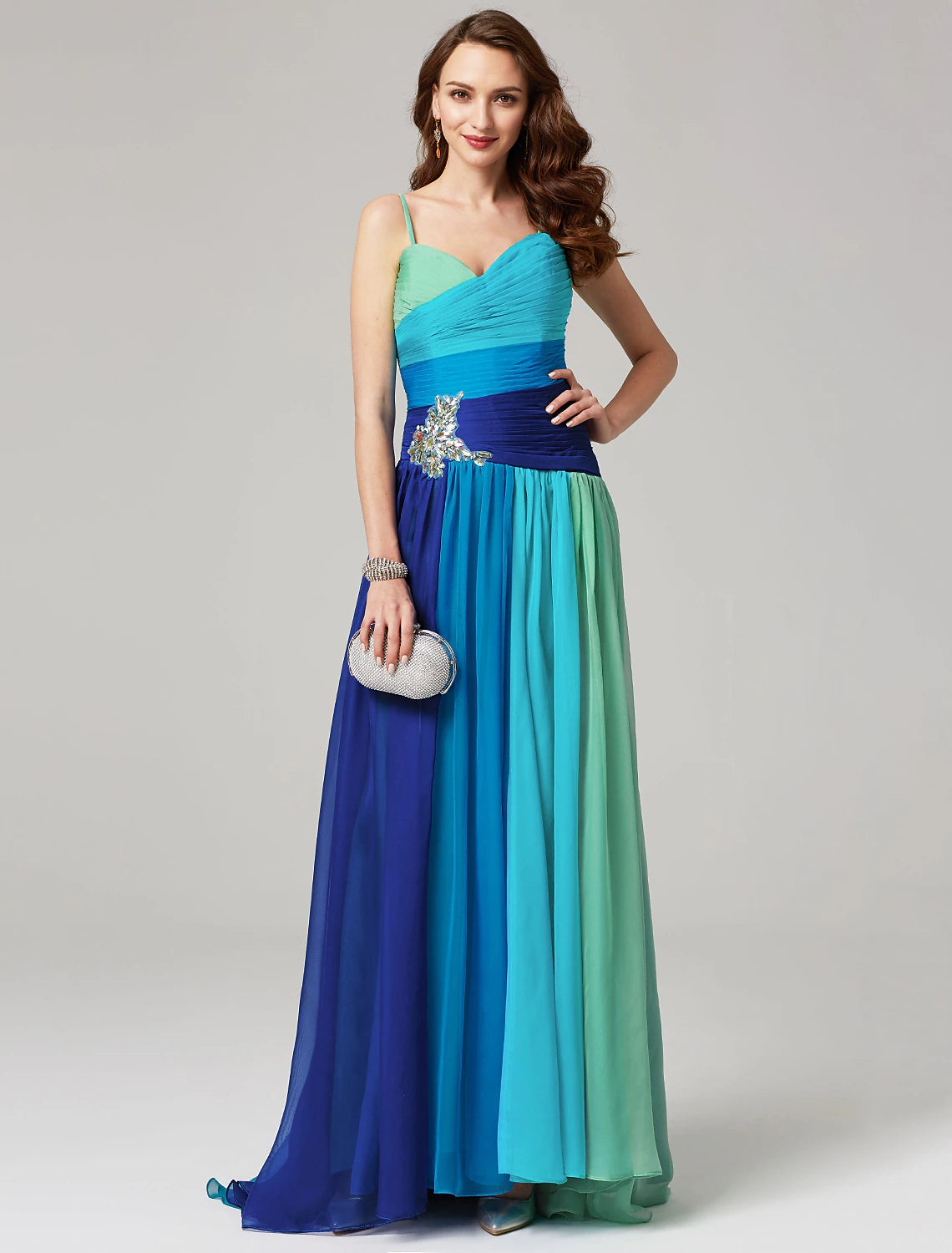Aimishang Elegant A-Line Color Block Wedding Guest Dress Sleeveless Sweetheart Chiffon Formal Evening Dress with Pleats Ruched Crystals