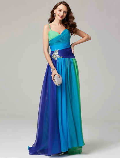 Aimishang Elegant A-Line Color Block Wedding Guest Dress Sleeveless Sweetheart Chiffon Formal Evening Dress with Pleats Ruched Crystals