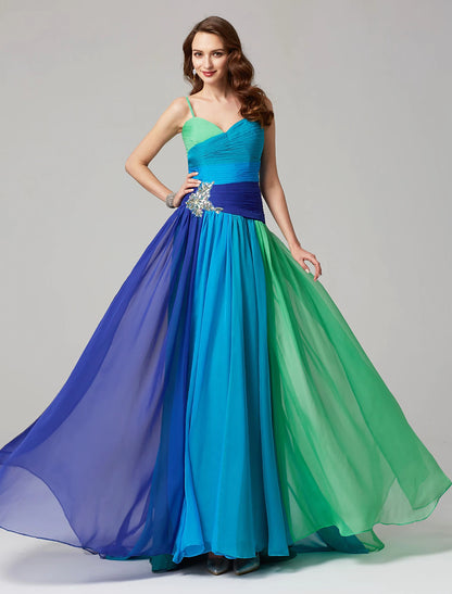 Aimishang Elegant A-Line Color Block Wedding Guest Dress Sleeveless Sweetheart Chiffon Formal Evening Dress with Pleats Ruched Crystals