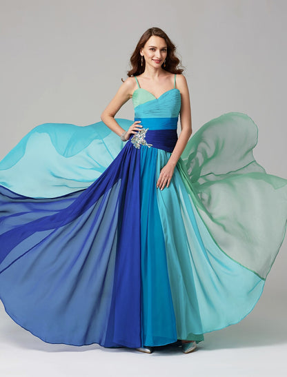 Aimishang Elegant A-Line Color Block Wedding Guest Dress Sleeveless Sweetheart Chiffon Formal Evening Dress with Pleats Ruched Crystals
