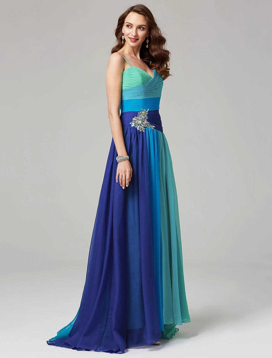 Aimishang Elegant A-Line Color Block Wedding Guest Dress Sleeveless Sweetheart Chiffon Formal Evening Dress with Pleats Ruched Crystals