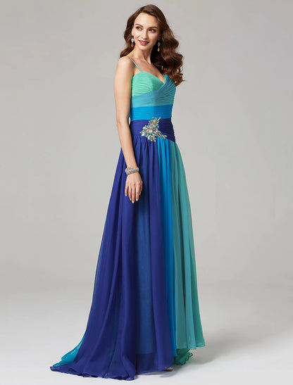 Aimishang Elegant A-Line Color Block Wedding Guest Dress Sleeveless Sweetheart Chiffon Formal Evening Dress with Pleats Ruched Crystals