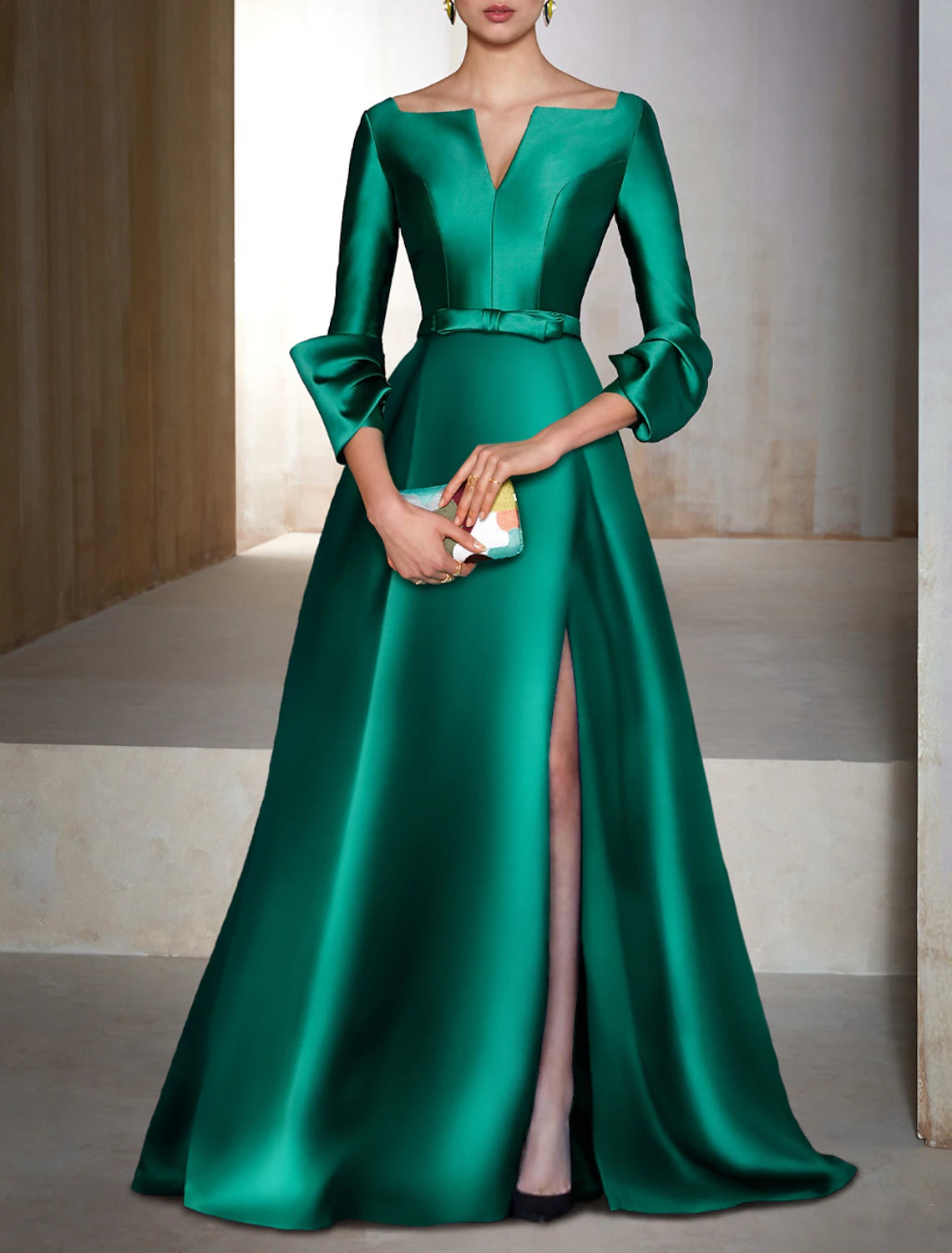 Aimishang Elegant A-Line Evening Gown Formal Party Dress Floor Length V Neck Wedding Guest Satin Mother of the Bride Dresses With Slit