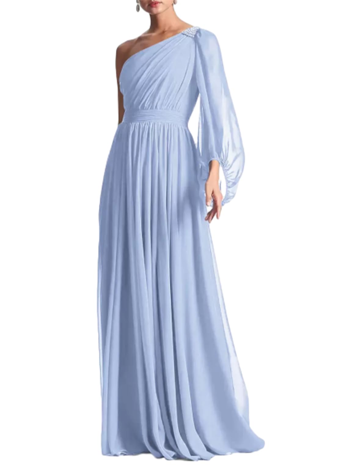 Aimishang Elegant A-Line Evening Gown One Shoulder Formal Party Dress Long Sleeve Fall Wedding Guest Chiffon with Pleated