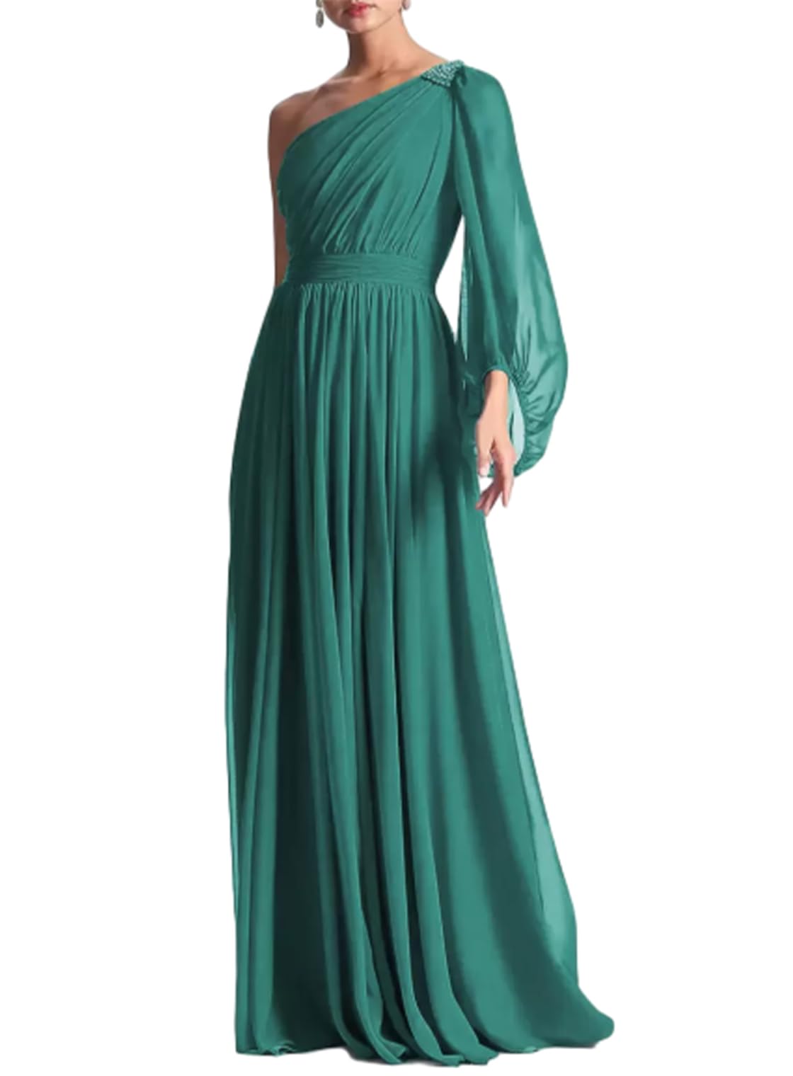 Aimishang Elegant A-Line Evening Gown One Shoulder Formal Party Dress Long Sleeve Fall Wedding Guest Chiffon with Pleated