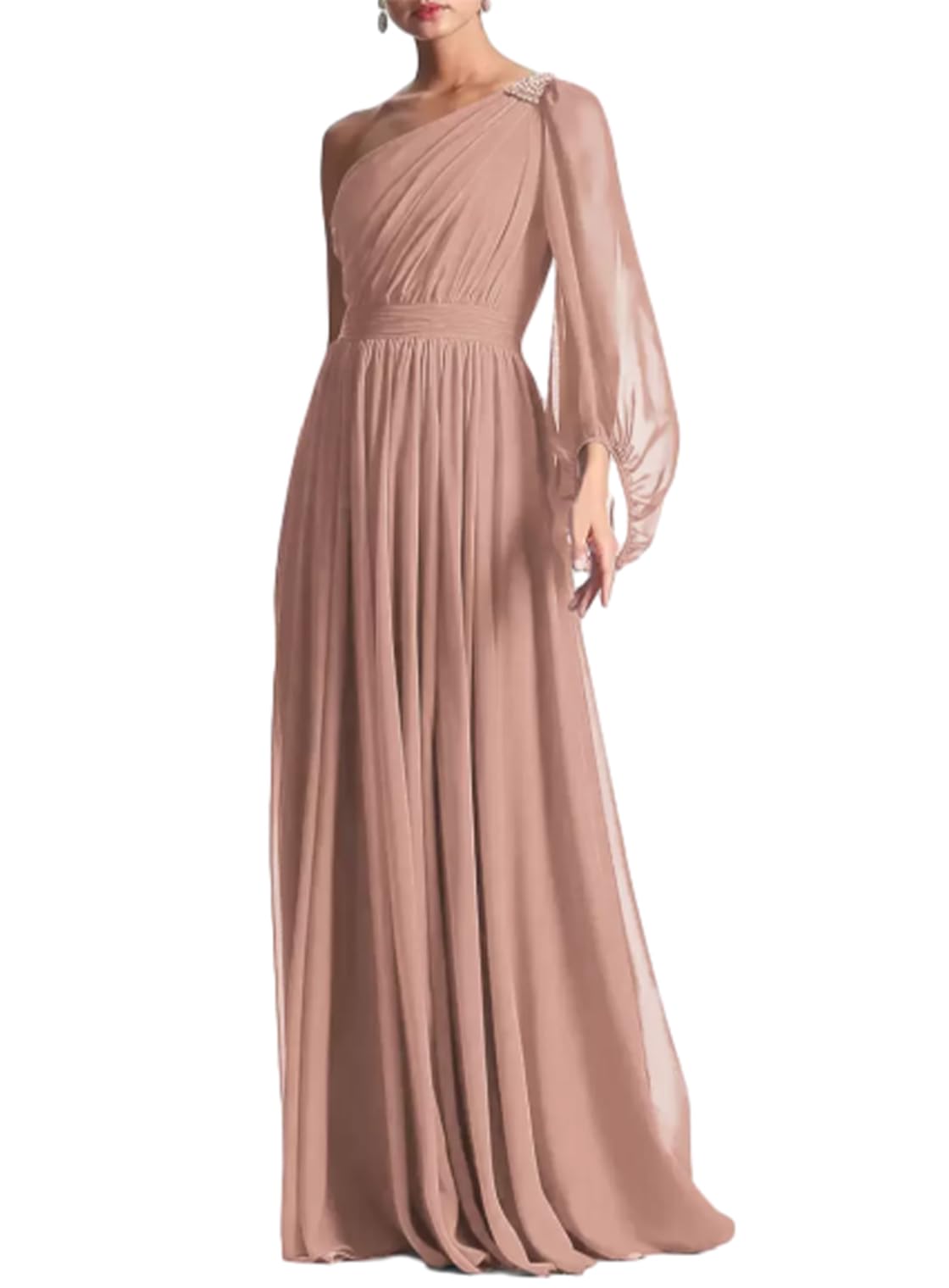 Aimishang Elegant A-Line Evening Gown One Shoulder Formal Party Dress Long Sleeve Fall Wedding Guest Chiffon with Pleated