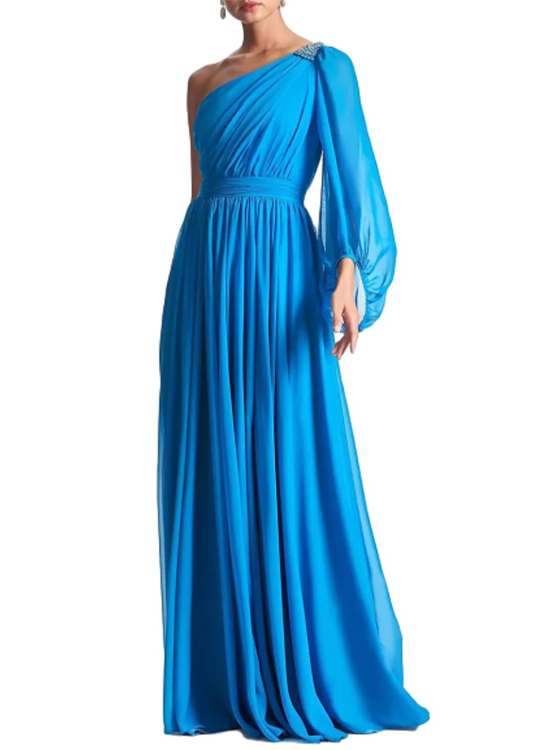 Aimishang Elegant A-Line Evening Gown One Shoulder Formal Party Dress Long Sleeve Fall Wedding Guest Chiffon with Pleated