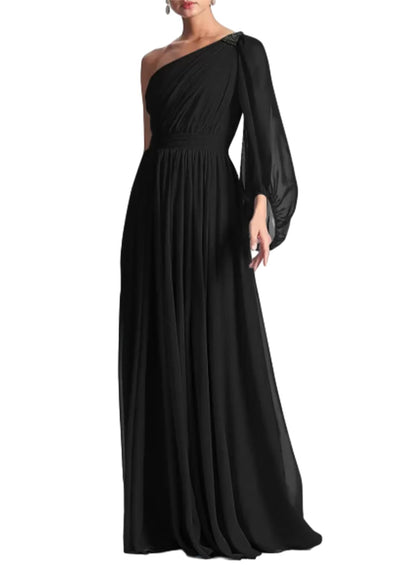Aimishang Elegant A-Line Evening Gown One Shoulder Formal Party Dress Long Sleeve Fall Wedding Guest Chiffon with Pleated