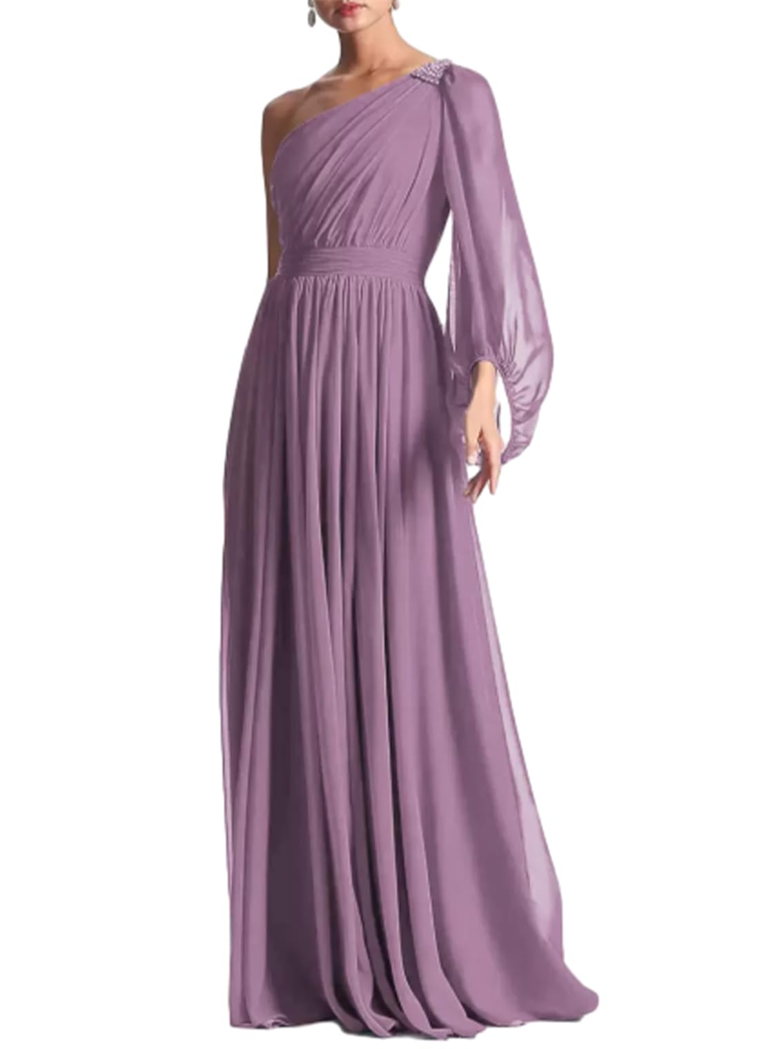 Aimishang Elegant A-Line Evening Gown One Shoulder Formal Party Dress Long Sleeve Fall Wedding Guest Chiffon with Pleated