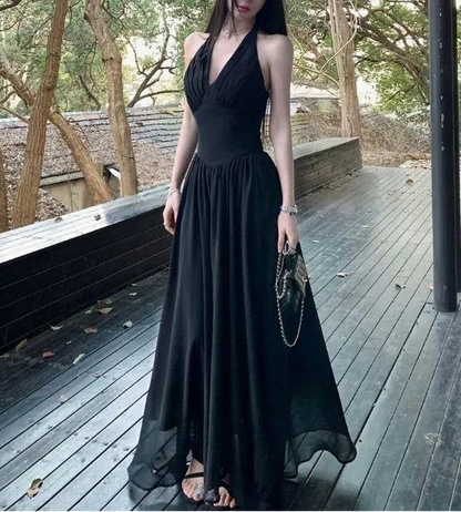 Aimishang Elegant A-Line Halter Sleeveless Black Pleated Party Evening Gown Chic Long Formal Prom Dress
