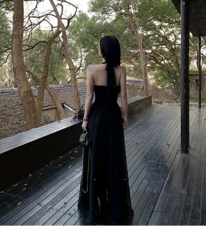 Aimishang Elegant A-Line Halter Sleeveless Black Pleated Party Evening Gown Chic Long Formal Prom Dress