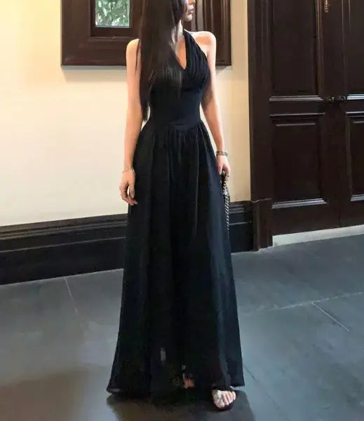 Aimishang Elegant A-Line Halter Sleeveless Black Pleated Party Evening Gown Chic Long Formal Prom Dress