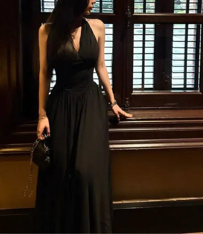 Aimishang Elegant A-Line Halter Sleeveless Black Pleated Party Evening Gown Chic Long Formal Prom Dress