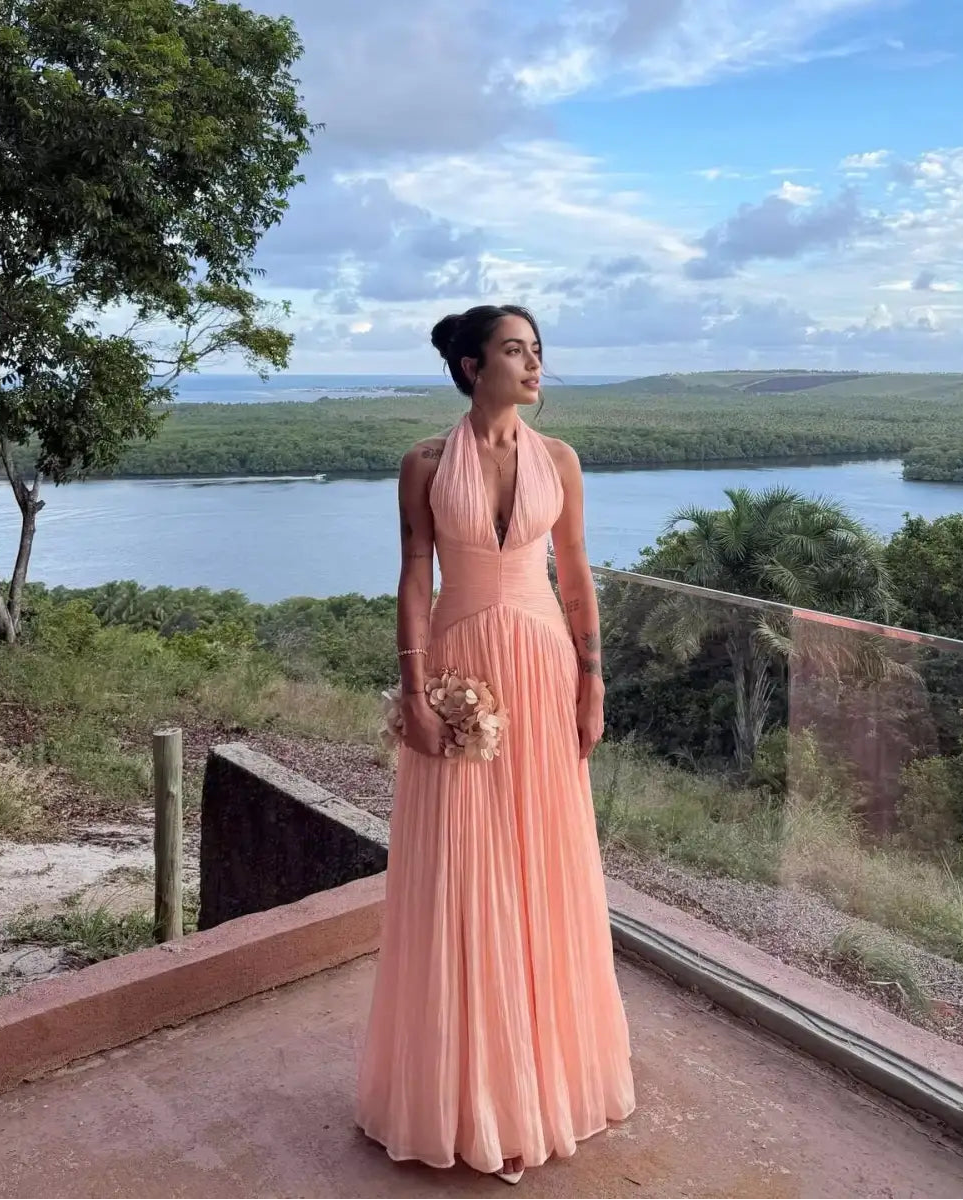 Aimishang Elegant A-Line Halter Sleeveless Pleated Floor-Length Evening Gown Women Formal Party Dress