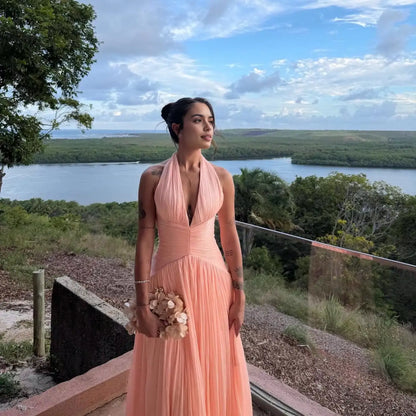 Aimishang Elegant A-Line Halter Sleeveless Pleated Floor-Length Evening Gown Women Formal Party Dress
