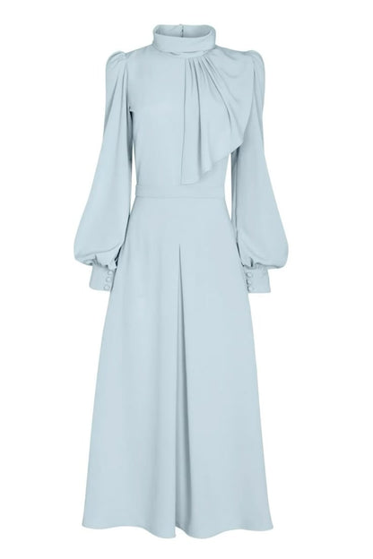 Aimishang Elegant A-Line Long Sleeves Wedding Guest Party Dress High Neck Tea Length Mother of the Bride Dress with Ruching