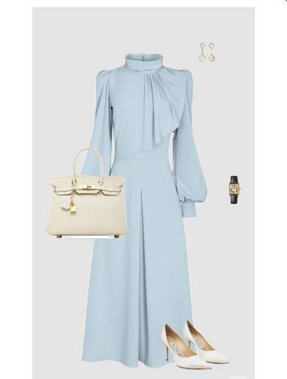 Aimishang Elegant A-Line Long Sleeves Wedding Guest Party Dress High Neck Tea Length Mother of the Bride Dress with Ruching