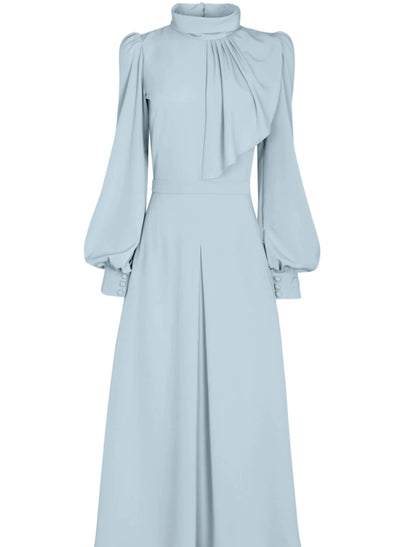 Aimishang Elegant A-Line Long Sleeves Wedding Guest Party Dress High Neck Tea Length Mother of the Bride Dress with Ruching