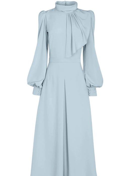 Aimishang Elegant A-Line Long Sleeves Wedding Guest Party Dress High Neck Tea Length Mother of the Bride Dress with Ruching