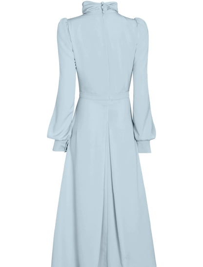 Aimishang Elegant A-Line Long Sleeves Wedding Guest Party Dress High Neck Tea Length Mother of the Bride Dress with Ruching