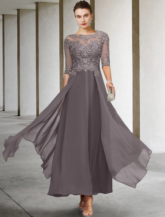Aimishang Elegant A-Line Mother of the Bride Dress Scoop Neck Asymmetrical Ankle Length Chiffon Lace Half Sleeve Formal Wedding Guest Dress