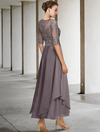 Aimishang Elegant A-Line Mother of the Bride Dress Scoop Neck Asymmetrical Ankle Length Chiffon Lace Half Sleeve Formal Wedding Guest Dress