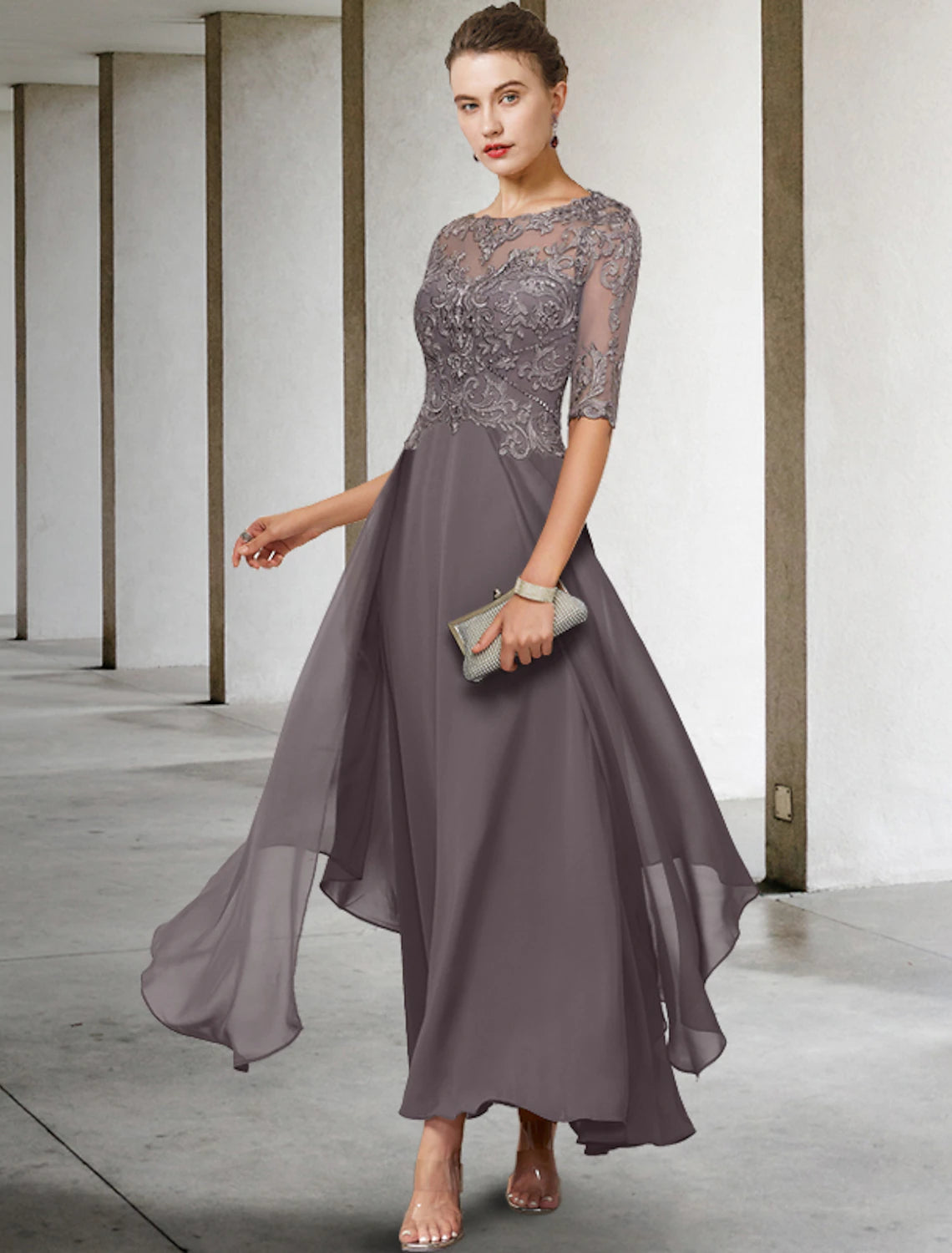 Aimishang Elegant A-Line Mother of the Bride Dress Scoop Neck Asymmetrical Ankle Length Chiffon Lace Half Sleeve Formal Wedding Guest Dress