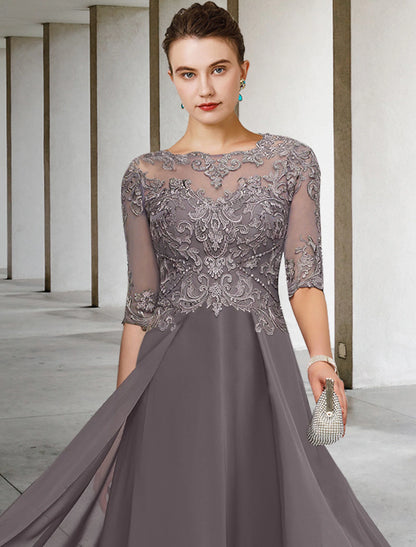 Aimishang Elegant A-Line Mother of the Bride Dress Scoop Neck Asymmetrical Ankle Length Chiffon Lace Half Sleeve Formal Wedding Guest Dress
