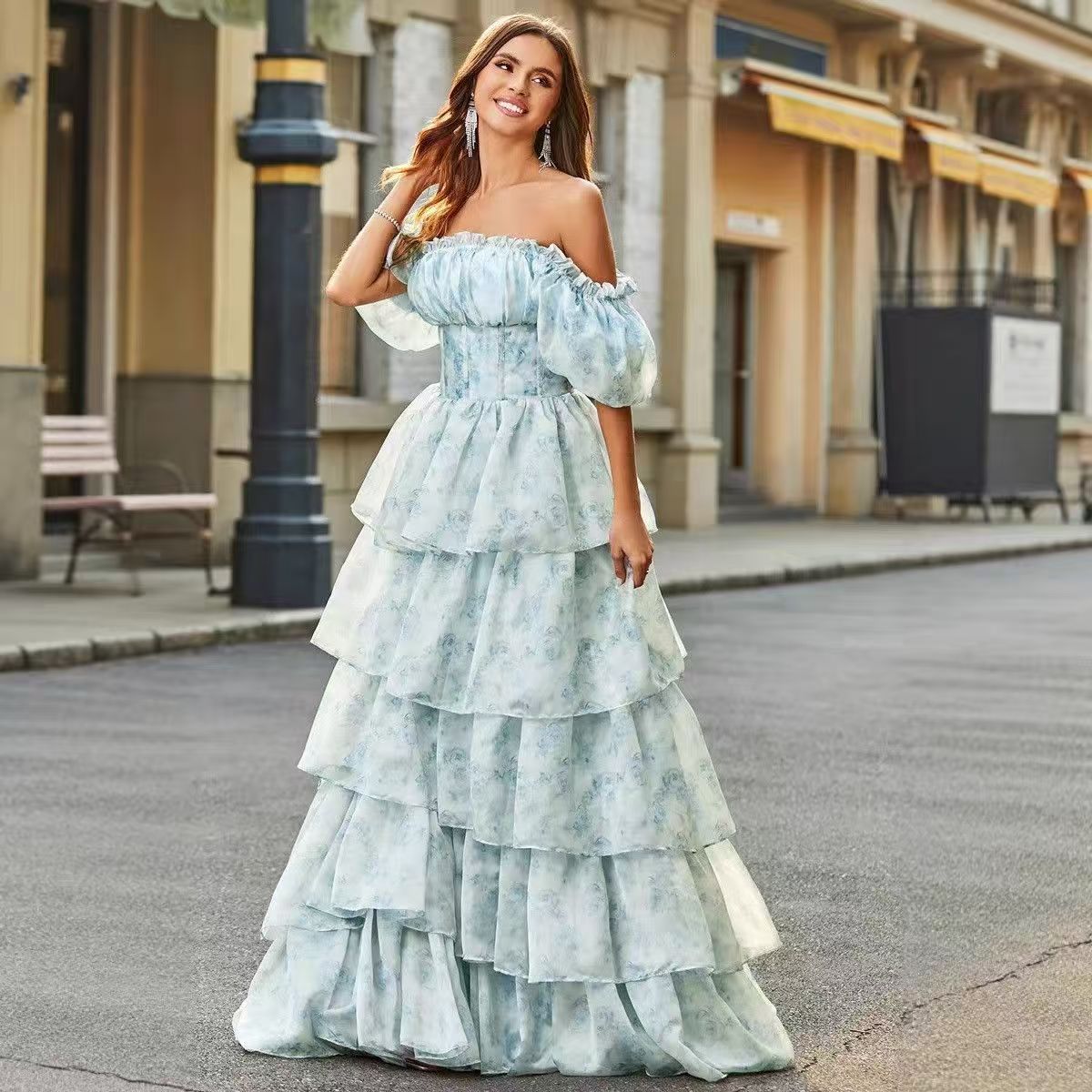 Aimishang Elegant A-Line Off The Shoulder Tiered Long Formal Prom Dress Short Sleeves Evening Party Gowns