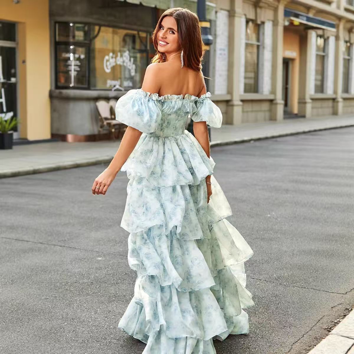 Aimishang Elegant A-Line Off The Shoulder Tiered Long Formal Prom Dress Short Sleeves Evening Party Gowns