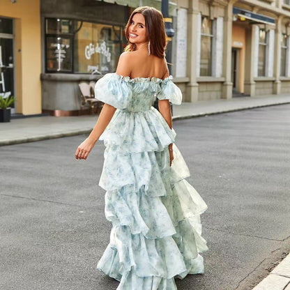 Aimishang Elegant A-Line Off The Shoulder Tiered Long Formal Prom Dress Short Sleeves Evening Party Gowns
