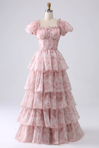 Aimishang Elegant A-Line Off The Shoulder Tiered Long Formal Prom Dress Short Sleeves Evening Party Gowns