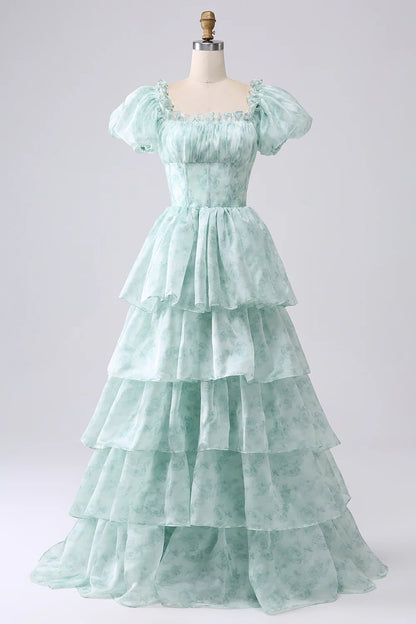 Aimishang Elegant A-Line Off The Shoulder Tiered Long Formal Prom Dress Short Sleeves Evening Party Gowns