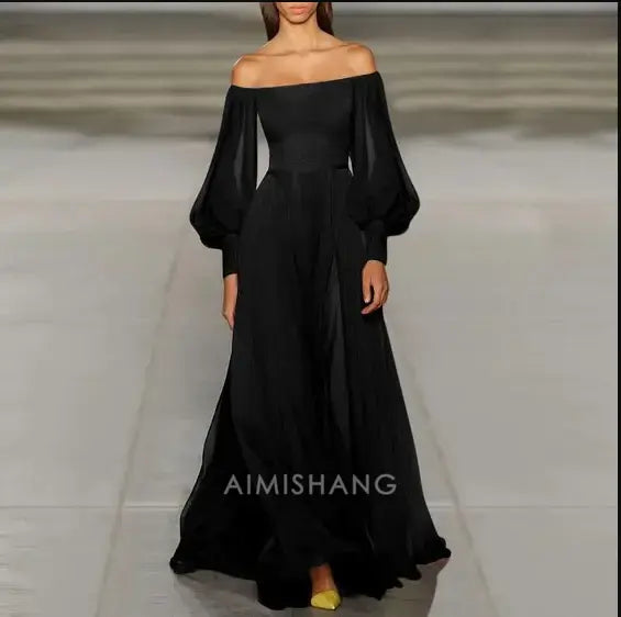 Aimishang Elegant A-Line Off the Shoulder Long Sleeves Prom Dress Simple Wedding Guest Party Dress Charming Evening Gown