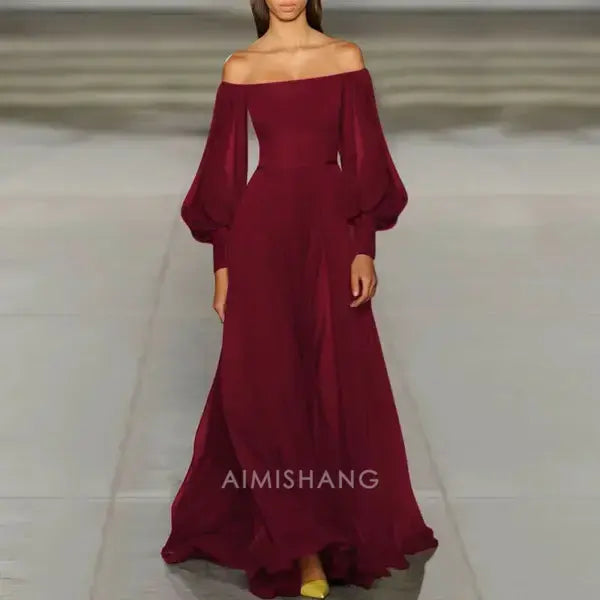 Aimishang Elegant A-Line Off the Shoulder Long Sleeves Prom Dress Simple Wedding Guest Party Dress Charming Evening Gown
