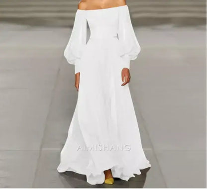 Aimishang Elegant A-Line Off the Shoulder Long Sleeves Prom Dress Simple Wedding Guest Party Dress Charming Evening Gown