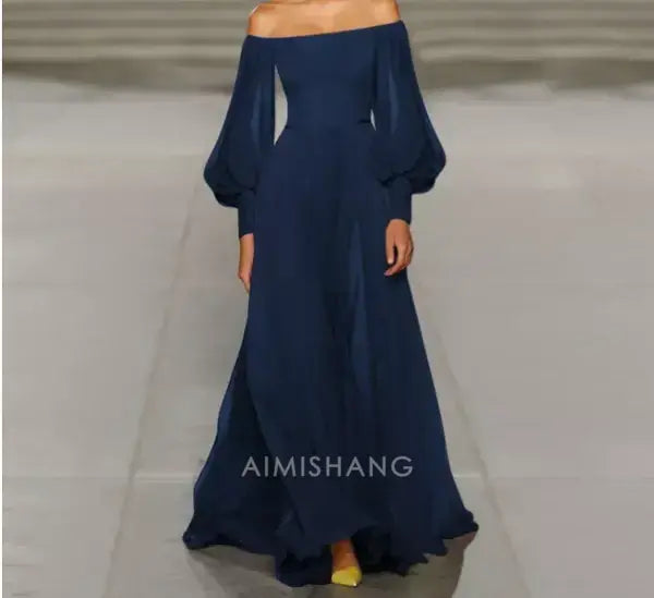 Aimishang Elegant A-Line Off the Shoulder Long Sleeves Prom Dress Simple Wedding Guest Party Dress Charming Evening Gown