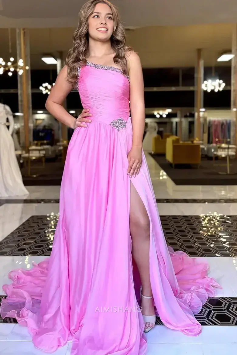 Aimishang Elegant A-Line One Shoulder Sleeveless Beaded Long Formal Prom Dress Charming Evening Party Dress with Slit