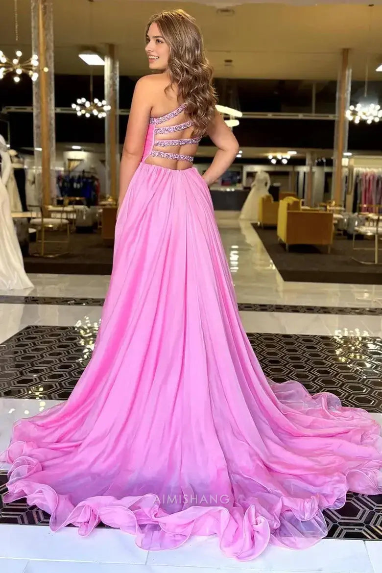 Aimishang Elegant A-Line One Shoulder Sleeveless Beaded Long Formal Prom Dress Charming Evening Party Dress with Slit