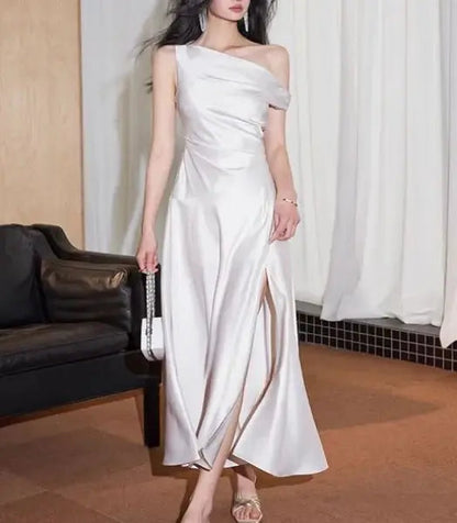 Aimishang Elegant A-Line One Shoulder Sleeveless Satin Party Evening Gown Chic Formal Prom Dress With Slit