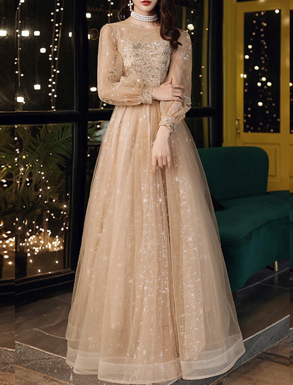Aimishang Elegant A-Line Prom Dresses Charming Long Sleeve Floor Length Wedding Guest Party Wear with Appliques