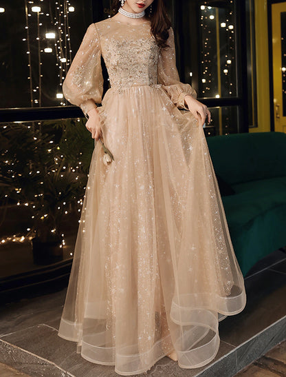 Aimishang Elegant A-Line Prom Dresses Charming Long Sleeve Floor Length Wedding Guest Party Wear with Appliques