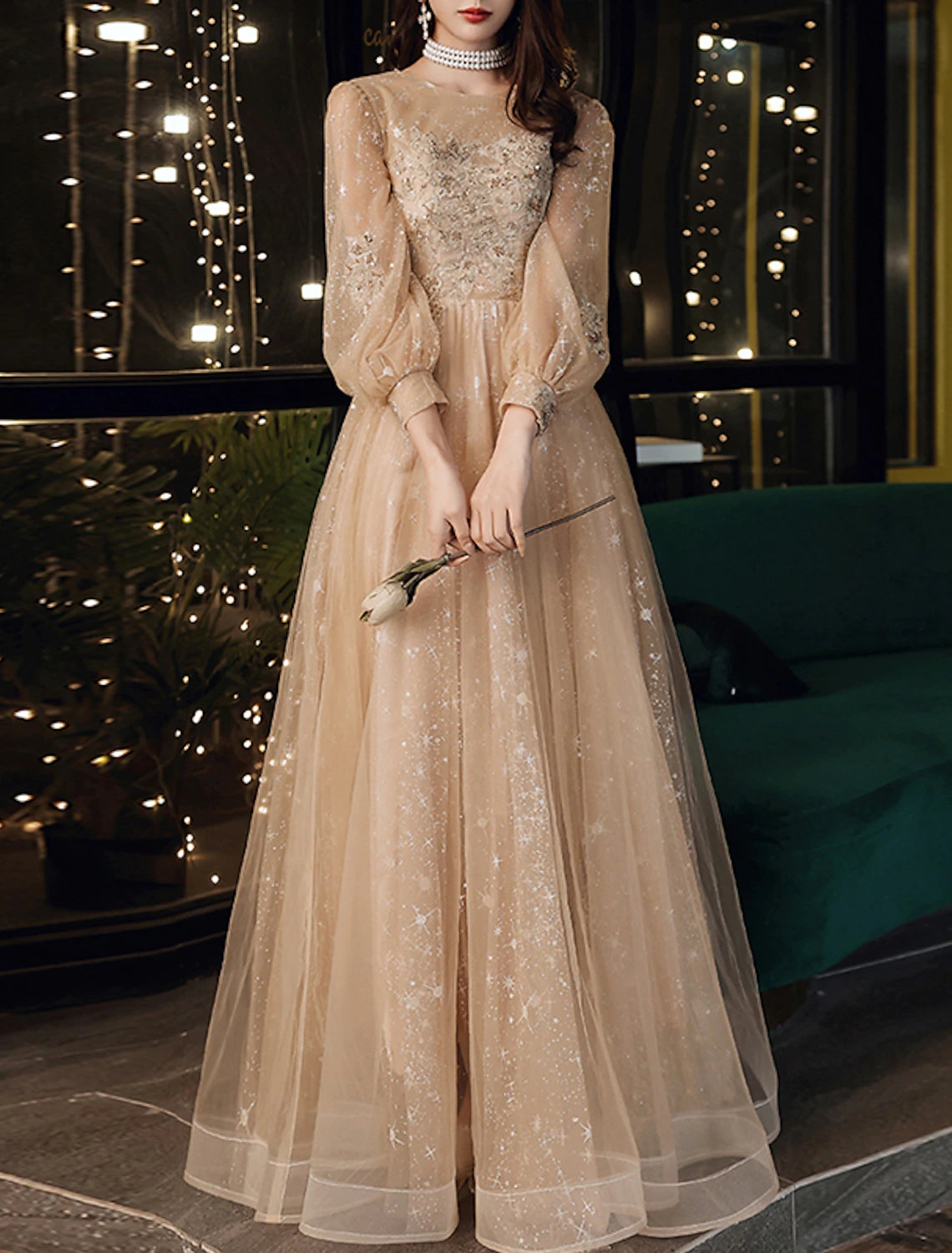 Aimishang Elegant A-Line Prom Dresses Charming Long Sleeve Floor Length Wedding Guest Party Wear with Appliques