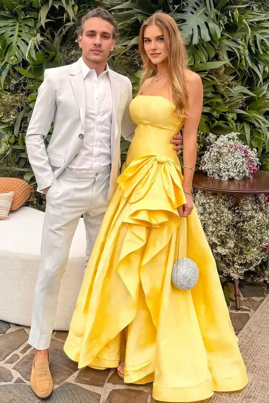 Aimishang Elegant A-Line Satin Strapless Sleeveless Wedding Guest Party Dress Charming Long Formal Prom Dress