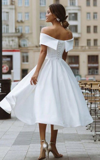 Aimishang Elegant A-Line Satin Tea Length Off the Shoulder Wedding Dress Simple Party Dress