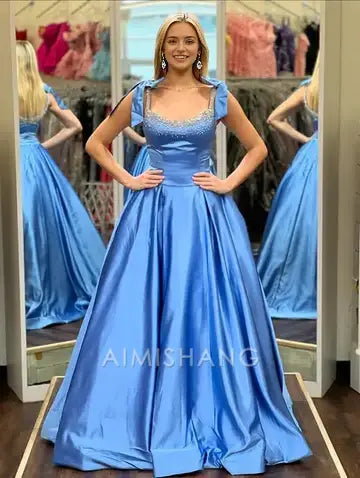 Aimishang Elegant A-Line Sleeveless Satin Beaded Long Prom Dress Lovely Party Dress Cute Evening Gown With Bow