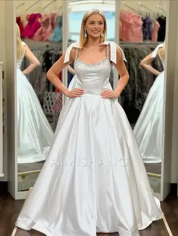 Aimishang Elegant A-Line Sleeveless Satin Beaded Long Prom Dress Lovely Party Dress Cute Evening Gown With Bow