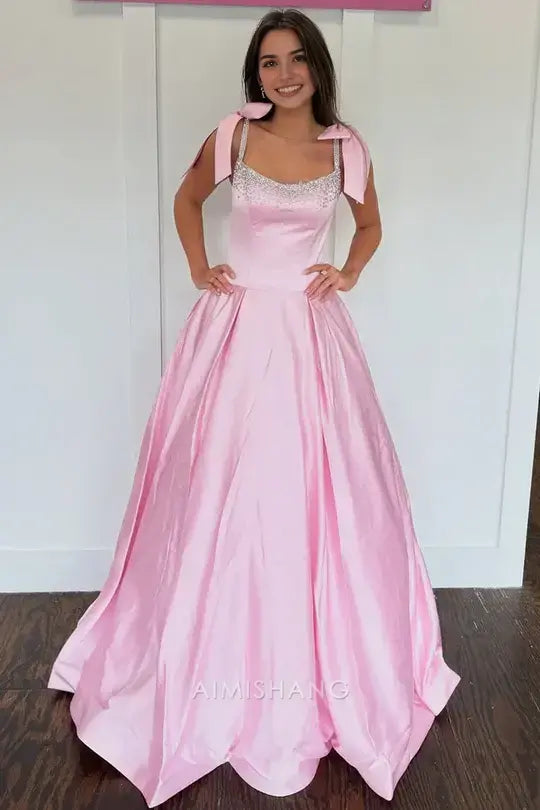 Aimishang Elegant A-Line Sleeveless Satin Beaded Long Prom Dress Lovely Party Dress Cute Evening Gown With Bow