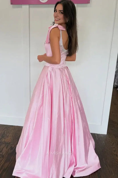Aimishang Elegant A-Line Sleeveless Satin Beaded Long Prom Dress Lovely Party Dress Cute Evening Gown With Bow