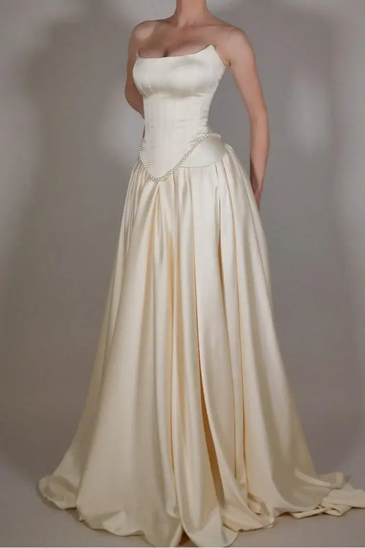 Aimishang Elegant A-Line Sleeveless Strapless Pleated Long Prom Dress with Beadings Chic Evening Party Dress Formal Gown